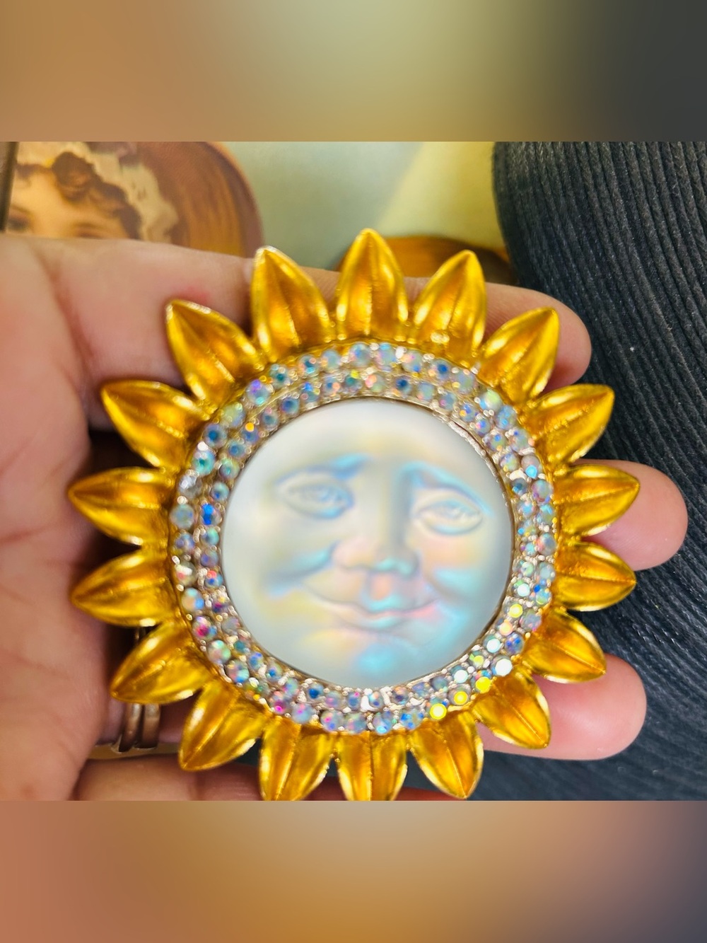 Gold Sunburst Iridescent Face Brooch